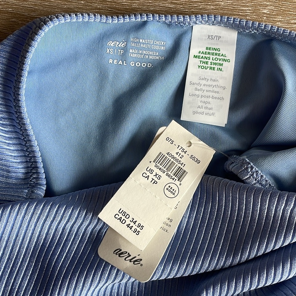 Aerie NWT Shine Rib High Waisted Cheeky Bikini Bottom In Light Blue; Size XS - Picture 6 of 7